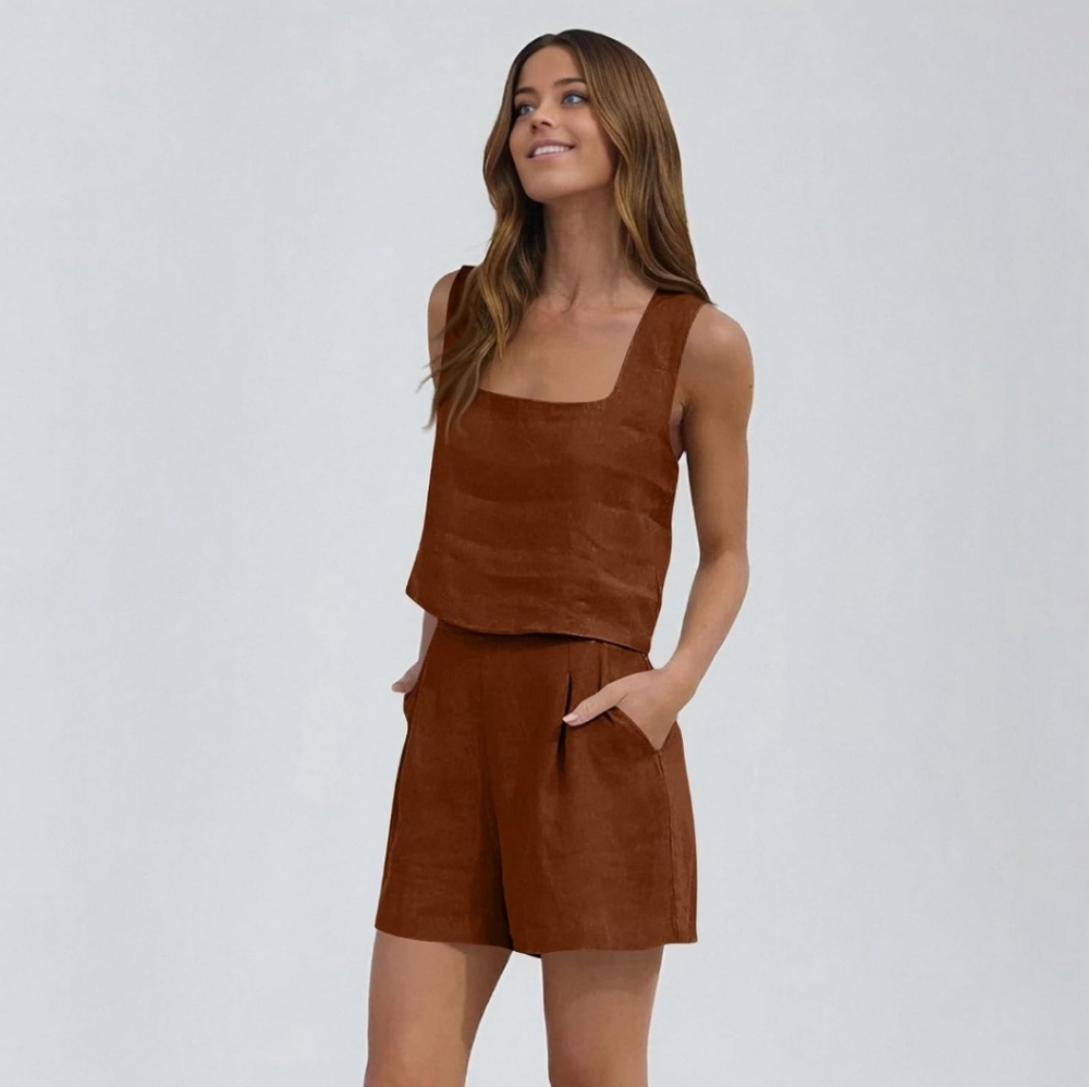 Linen Two Piece Matching Set Boho Classic Summer Fall Camel Brown SIZE LARGE